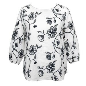 Kindred‎ Anthropologie Peasant Blouse Top XL White Black Floral Embroidered Boho